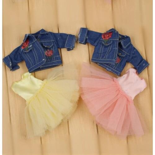 Outfits for Blyth doll Pink and Yellow Gauzy Skirt with Denim jacket suit for 1/6 BJD azone icy dbs