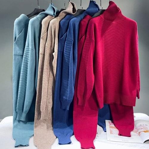 New 2021 fashion Ladies Knitted Tracksuit Turtleneck Sweater + soft cozy wide leg pants 2 Piece Set T076