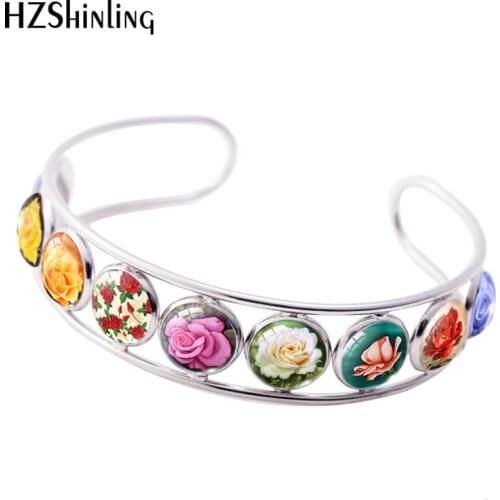 2021 New Romantic Rose Cuff Bracelet Flower Painting Bracelets Round Glass Dome Art Photo Jewelry Handmade