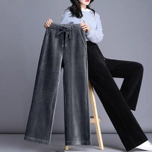 New high waist corduroy straight pants elastic lace up spring autumn vintage wide leg pants plus size 3xl casual loose trousers