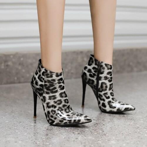 Ochanmeb Sexy 12cm Stiletto Heels Ankle Boots Women Chic Pointy Toe Leopard Boots Shoes Woman Big Plus Size 43 Fall Autumn Shoes