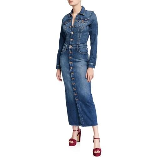 Single-Breasted Denim Dresses Real Sample Women Solid Fashion Ladys Turn Down Collar Full Sleeve Slim Pockets Dress Autumn