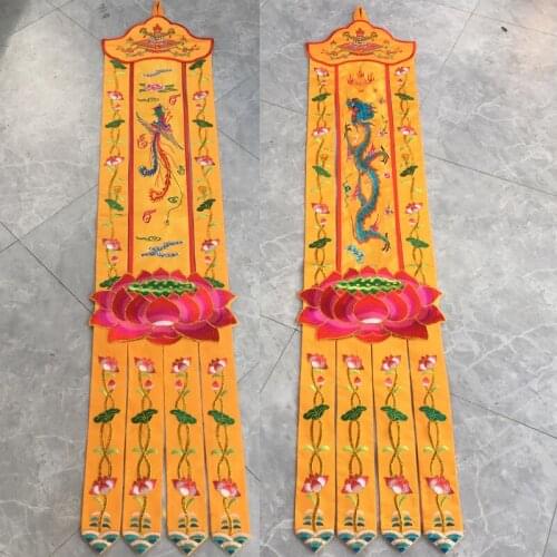 A pair 2PCS Buddhism supply HOME Temple Altar FENG SHUI imperial Dragon Phoenix decorative golden Streamer Buddha flag banner