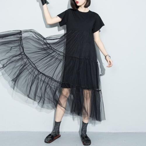 Korean Style Summer Dress Women Splicing Pleated Tulle Mesh Transparent T Shirt Dress Female Vestidos Ruffle Dresses DD1831