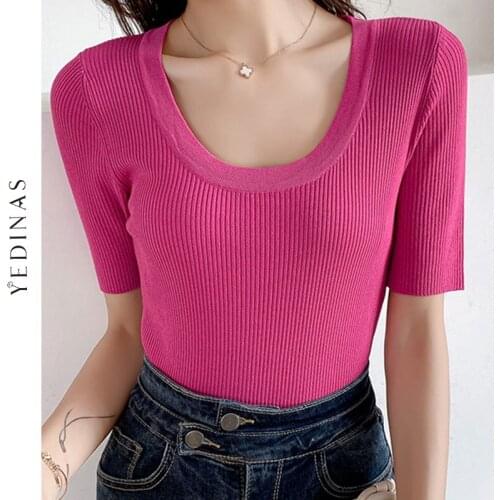Yedinas Sexy T Shirt Women Knitted Shrt Sleeve Korean Style Women Tshirt Aquare Collar Tee Shirt Femme Slim Tee Tops Summer 2021