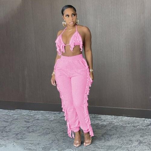 Sexy Two Piece Set Summer Outfits for Women 2021 Tassels Patchwork Elastic Waist Pants Halter Backless Bra Top Co-ord Tracksuit