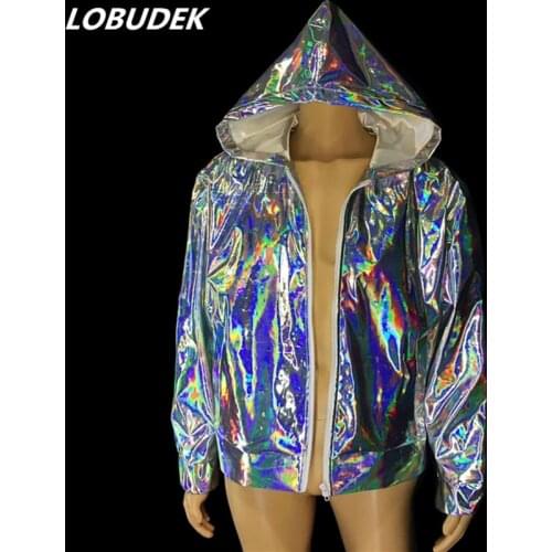 Silver Faux Leather Jacket Loose Coat Zipper Hoodie Men Autumn Winter Clothing Tide Male Singer Rock HIP HOP Dance Stage Costume