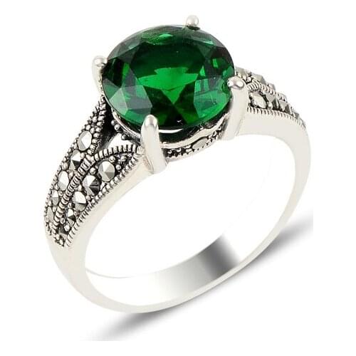 Silverlina Silver Marcasite & Emerald Zircon Cubic Zirconia Engagement Ring