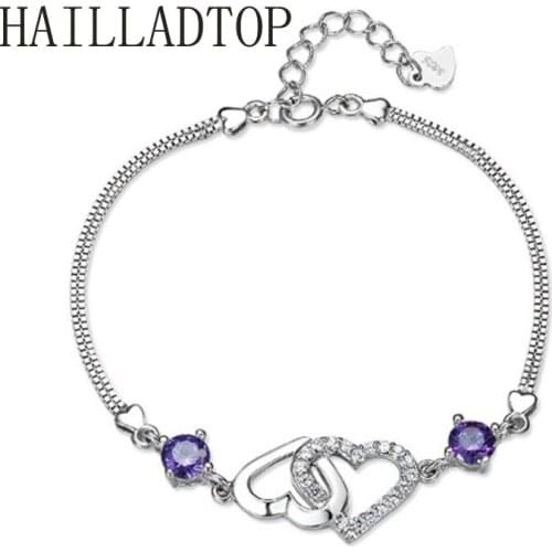Silver Heart Shape Jewelry Purple Crystal Bracelet Lady Fashion Cute High Quality Jewelry Adjustable Wedding Bracelet Women