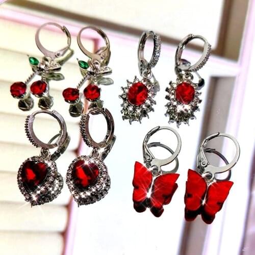 Flatfoosie 4Pcs/set Fashion Cherry Butterfly Drop Earrings for Women Multicolor Heart Geometric Crystal Earring Sets Jewelry