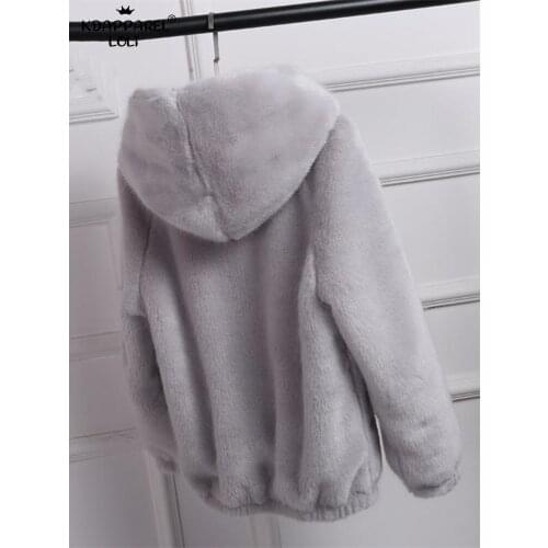 Winter Warm New Faux Mink Casual Women Faux Fur Coat Hooded Furry Fake Rabbit Fur Ladies Jacket Zipper Pink Outwear Plus Size