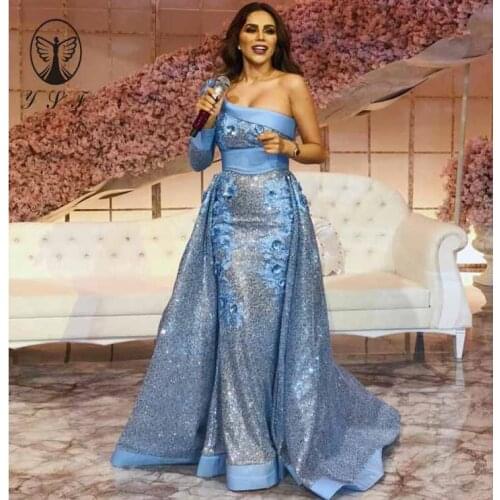Arabian Design Blue One Shoulder Appliqued 3D Flowers Sequin Lace Mermaid Prom Dresses with Overskirt 2019