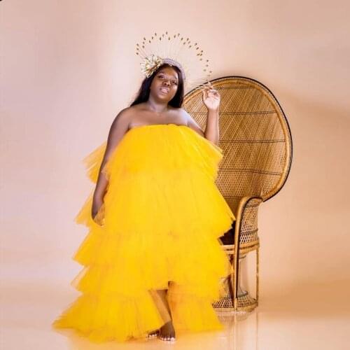 Yellow Elegant Casual Simple Women Dress Strapless High Low Tulle Evening Dress Ruffle Layered Party Dress Plus Size Prom Dress