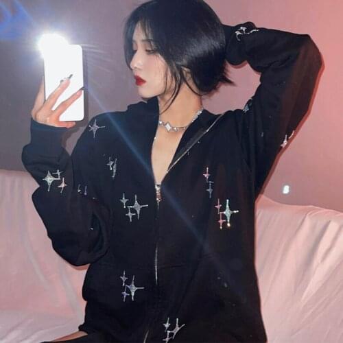 Rhinestone Star Print Women Long Sleeve Sweatshirt Hoodis Zipper grunge clothes Loose Oversized Streetwear Casual Autumn Winter