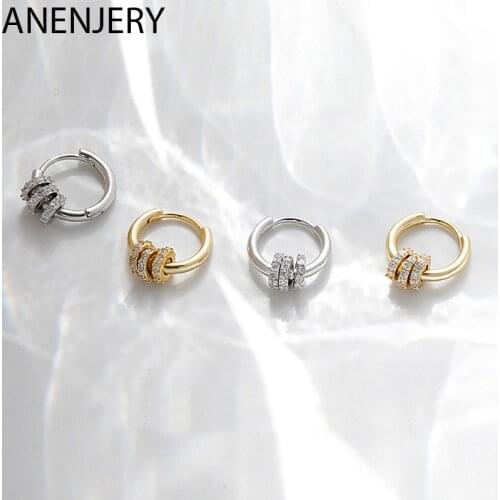 ANENJERY 925 Sterling Silver Dainty Small Zircon Inlaid Round Circle Hoop Earrings for Women Gold Earrrings Jewelry S-E1358