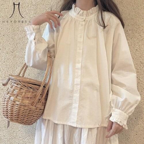Heydress 2021 New Women Sweet Basic Shirts Japanese Simple Autumn Long Sleeve Girl Blouse Lovely Chic Ruffle Popular College Top
