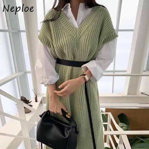 Neploe Korean 2 Piece Set All-match Turn-down Collar Loose Shirt + Chic Sashes V-neck Split Knitted Vest Dress Women New Suit