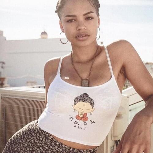 Women Cropped Tops Printing Cami Summer Sexy White Spaghetti Strap Backless Crop Top Women Camisole Vest Tops