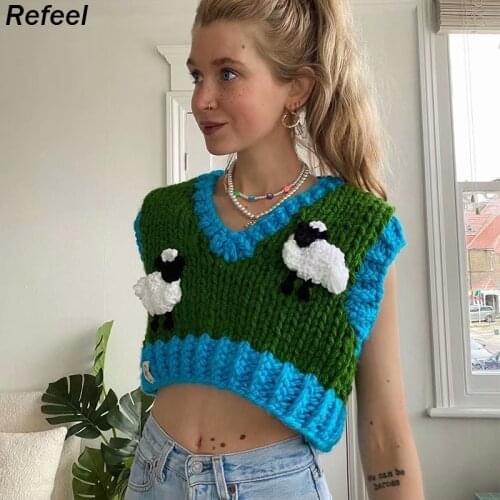 Summer Autumn Knitting Decoration Crochet Vest Sweater Mujer Sexy Sleeveless V Neck Autumn Pullover Crop Top
