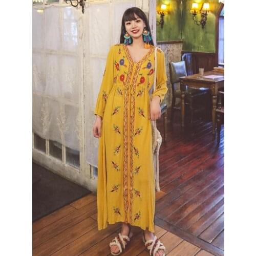 Summer New Korean Womens Dress Ins Retro Embroidered v-Neck Long Sleeve Dress Bohemia Travel Vacation Exotic Style Long Dress
