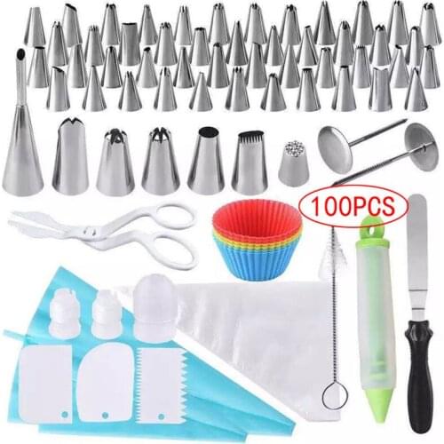 100pcs Cake Decorating Set Stainless Russian Piping Tips Cream Confectionery Nozzles Scraper Pastry Bag Baking Tools For Cakes