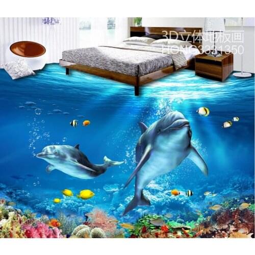 Bathroom 3d wallpaper floor dolphin Custom Photo self-adhesive 3D floor PVC waterproof floor Home Decoration