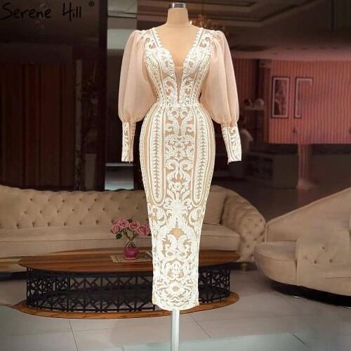 Serene Hill White Mermaid Elegant Evening Dress 2021 Puff Sleeves Ankle-Length Women Formal Party Wear Gown CLA70938