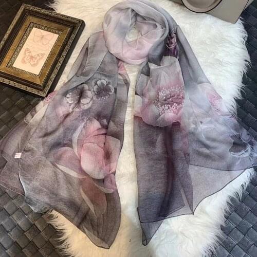 [BYSIFA] New Fall Winter Silk Scarf Hijab Fashion Ladies Grey Pink Lotus Long Scarves Foulard Elegant Chiffon Scarves Bufandas