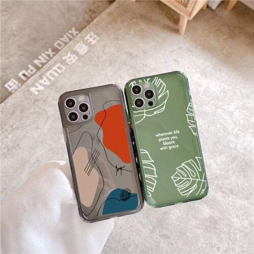 Art Retro Abstract Geometry Leaf Phone Case For iPhone 11 Pro XS MAX 12 X 7 SE20 XR 8Plus Jelly Green Soft Cover Clear Coque Bag