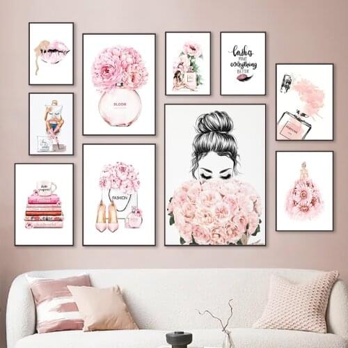 Home Decor Modern Pink Sweet Flower Picture Wall Art Canvas Painting Fashion Make Up Art Posters and Prints for Domitory Design