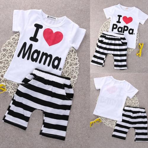 Emmababy Summer Newborn Baby Boy Girl Clothes I Love PAPA/MAMA Print T-Shirt Tops Striped Short Pants 2Pcs Outfits Clothes