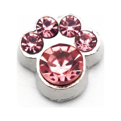 Hot Sale 12pcs/lot Metal 12 Month Pink Crystal Dog Cat Paw Floating Charms For Glass Floating Lockets Necklace Bracelet Jewelry