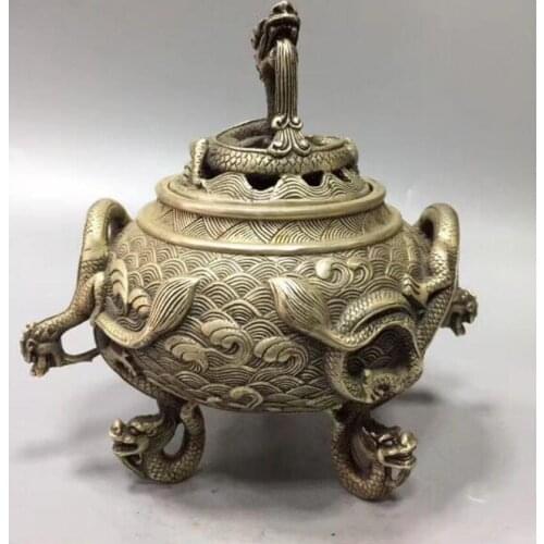 China White copper double dragon ear incense burner crafts statue