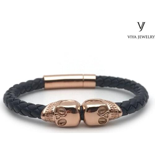 Classic Cow Leather With Double Skull Bracelet Charming Cow Skulls Bracelets For Best Men Gift