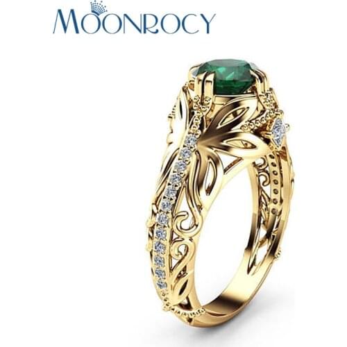 MOONROCY Cubic Zirconia Gold Color Green Crystal CZ Rings Jewelry Wholesale Vintage Flower for Women Gift Drop Shipping Gift