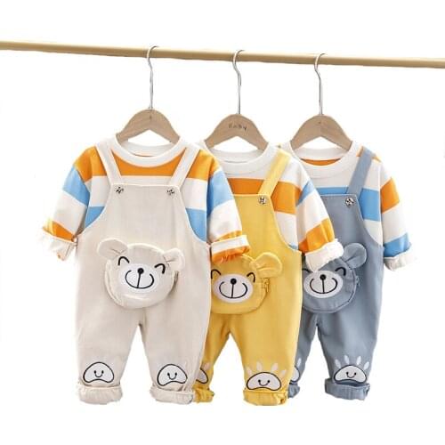2021 New Autumn Boys Clothing Set Bear Full Sleeve Bib Overalls + Stripe Shirt 2Pcs Suit For kids Children Birthday Present