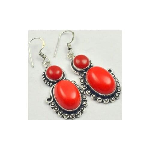 Coral , Silver Overlay on Copper Earrings ,55mm , E3380