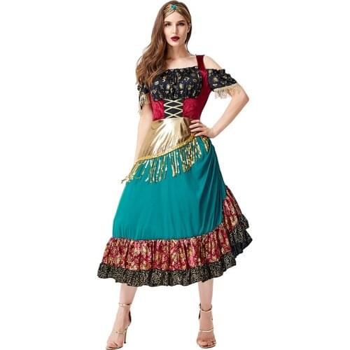 Fortune Teller Costume Carnival Holiday Outfit for Adult Women Flamenco Gypsy Dress Waltz Tango Dance Show Halloween Folk