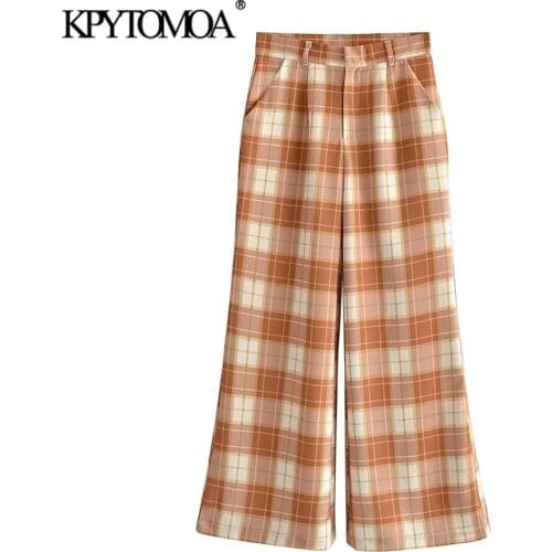 KPYTOMOA Women 2021 Fashion Side Pockets Loose Check Wide Leg Pants Vintage High Waist Zipper Fly Female Trousers Mujer