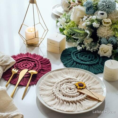 Round Table Place Mat Pad Hand-Woven Placemat Coaster Tassel Linen Potholder WeddingTea Coffee Coaster Dining Doily Kitchen
