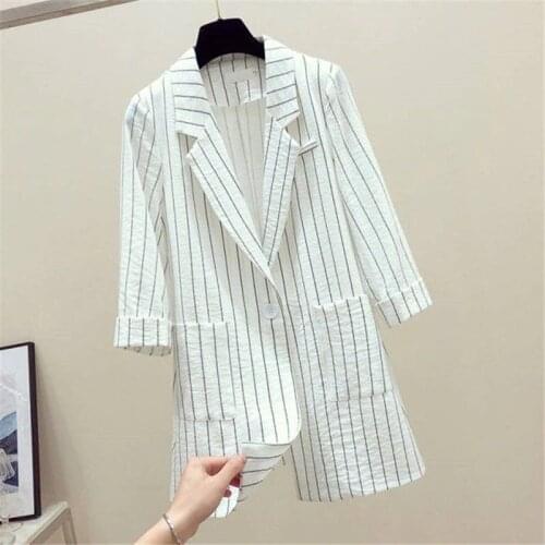 Summer Womens Blazer Jacket New Thin Linen Striped Suit Middle Sleeve Single Button Suit Female Basic Coat Tops Outerwear 4XL