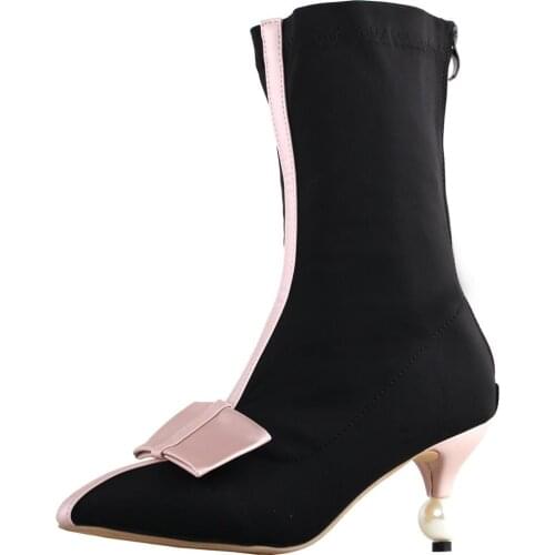 LF60432 SHOW STORY Retro Two Tone Bow Pointed Toe Exquisite Pearl Heel Dress Ankle Bootie