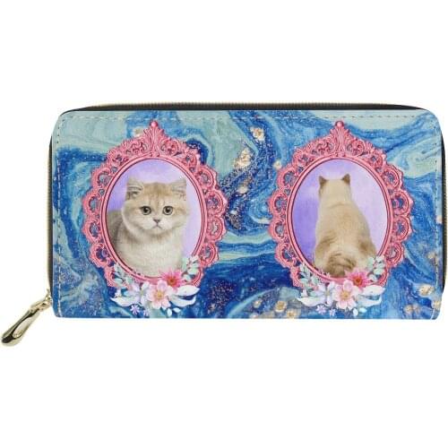 Cute Womens Purses Flower Cat Print PU Leather Wallet Women Stylish Zip Around Coin Purse Phone Money Bag for Ladies Car Holder