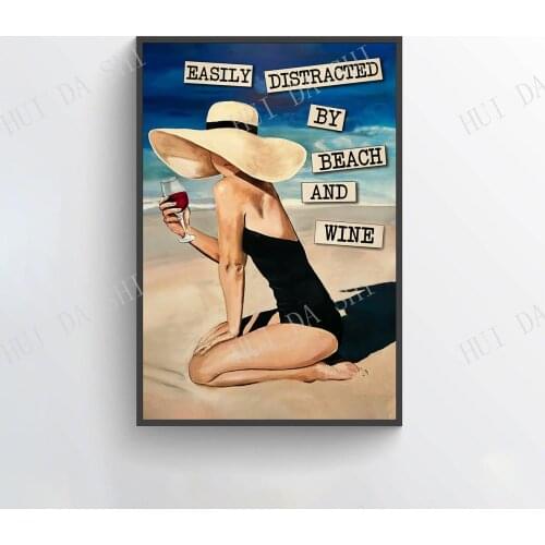 Easily Distracted By Beach and Wine Poster, Travel Lover Gift, Summer Vacation Home Decor, Girl Drinks Wine Poster