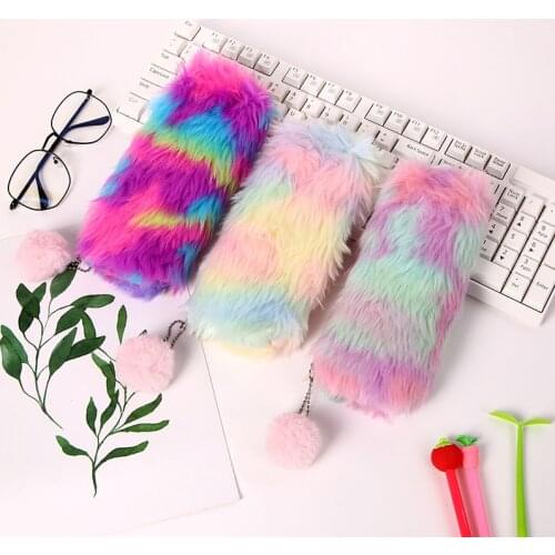 Rainbow Plush Pencil Case Cute Pencil Bag For School Supplies Pen Pouch Office Supplies School Stationery Girl Fashion Gift