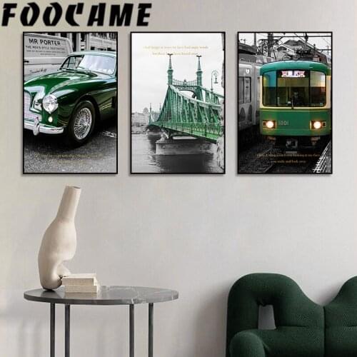 Retro Minimalist Green Car Train Landscape Decoration Pictures Wall Art Canvas Painting Vintage Poster Home Print Living Room