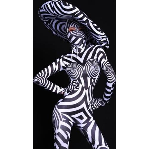 Party sexy woman bar ds jumpsuit costumes sexy club DJ singer GOGO party shows black and white zebra 3d print clothing