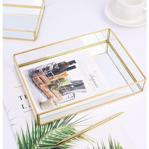 Nordic Retro Storage Box Tray Gold Rectangle Glass Makeup Organizer Tray Dessert Plate Jewelry Display