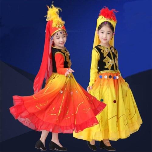 Girls perform drum Costumes gold red Color Children Fan Yangko Classical Dance costumes Stage Performance Clothing