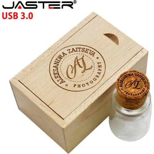 JASTER USB 3.0 LOGO customer Glass drift bottle Cork USB + wooden box USB Flash Drive pendrive 4GB 16GB 32GB 64GB wedding gift